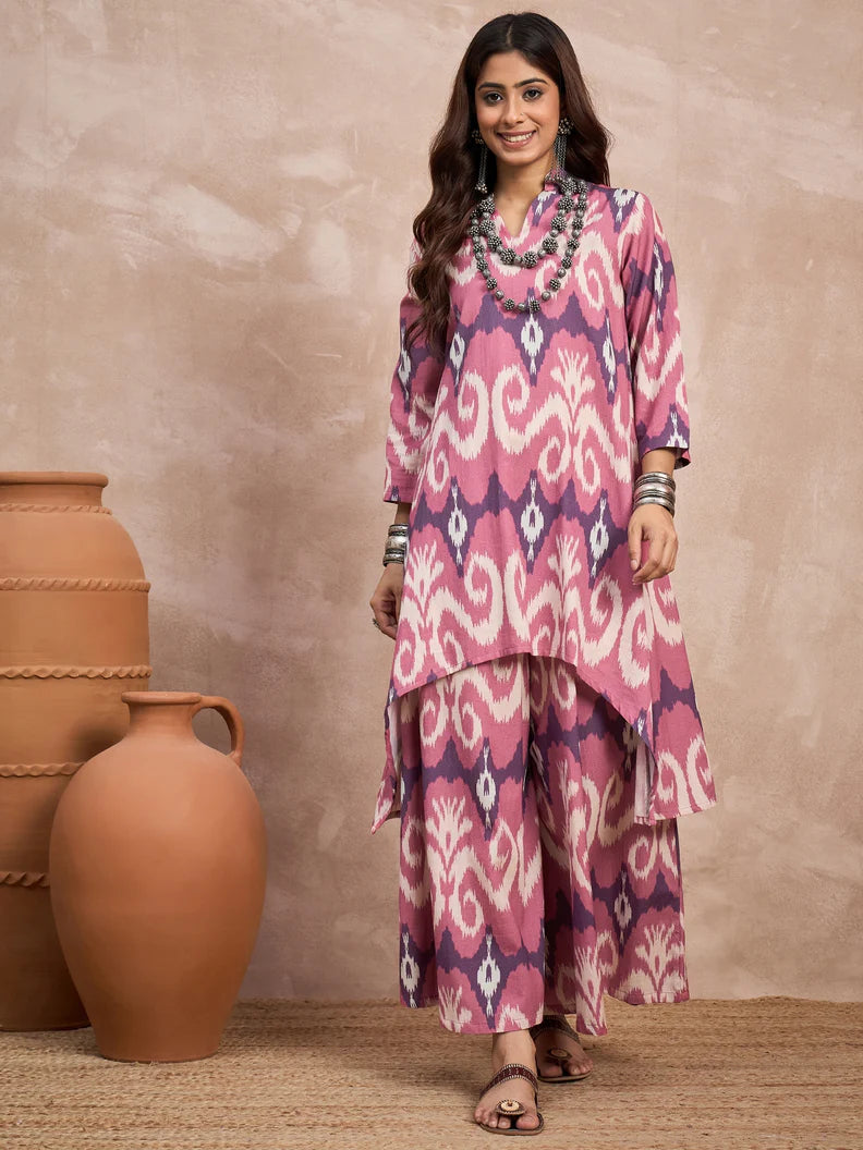 Dull Pink Ikkat Print Mandarin Neck Kurta Set