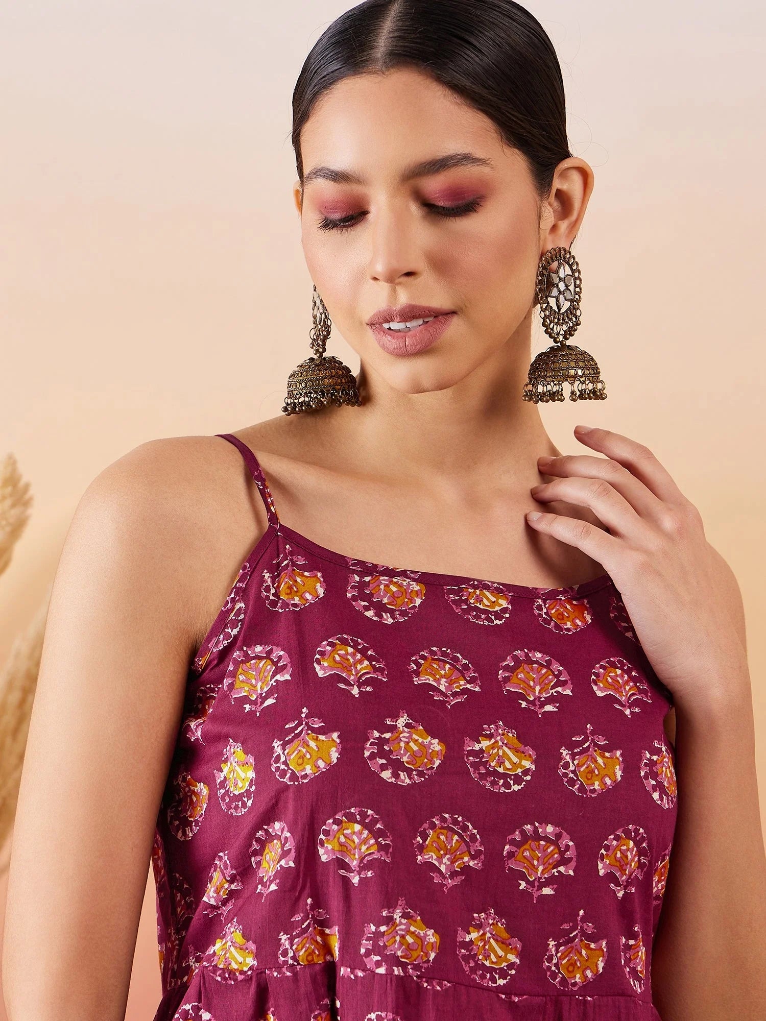 Women's Burgundy Floral Boota Print Strappy Printed Palazzo Set