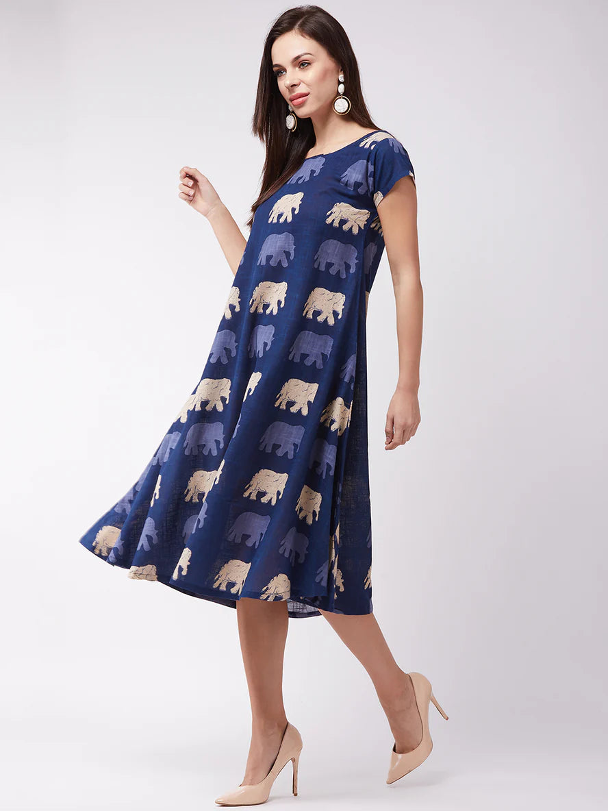 Blue Elephant Motif Midi Dress