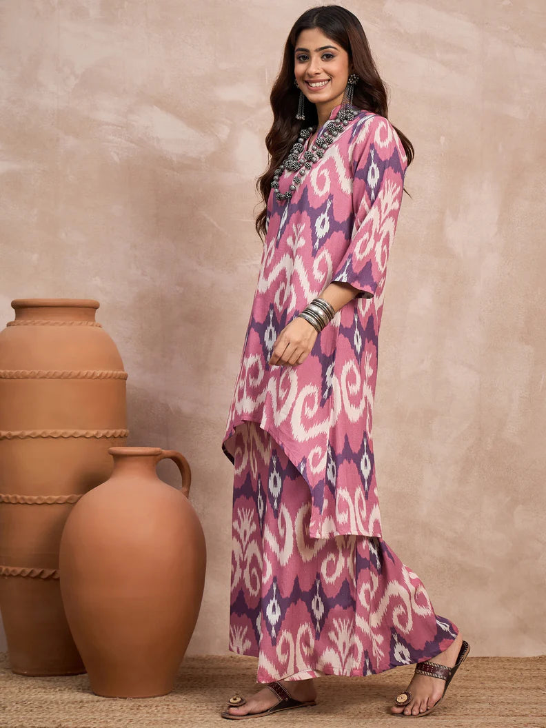 Dull Pink Ikkat Print Mandarin Neck Kurta Set