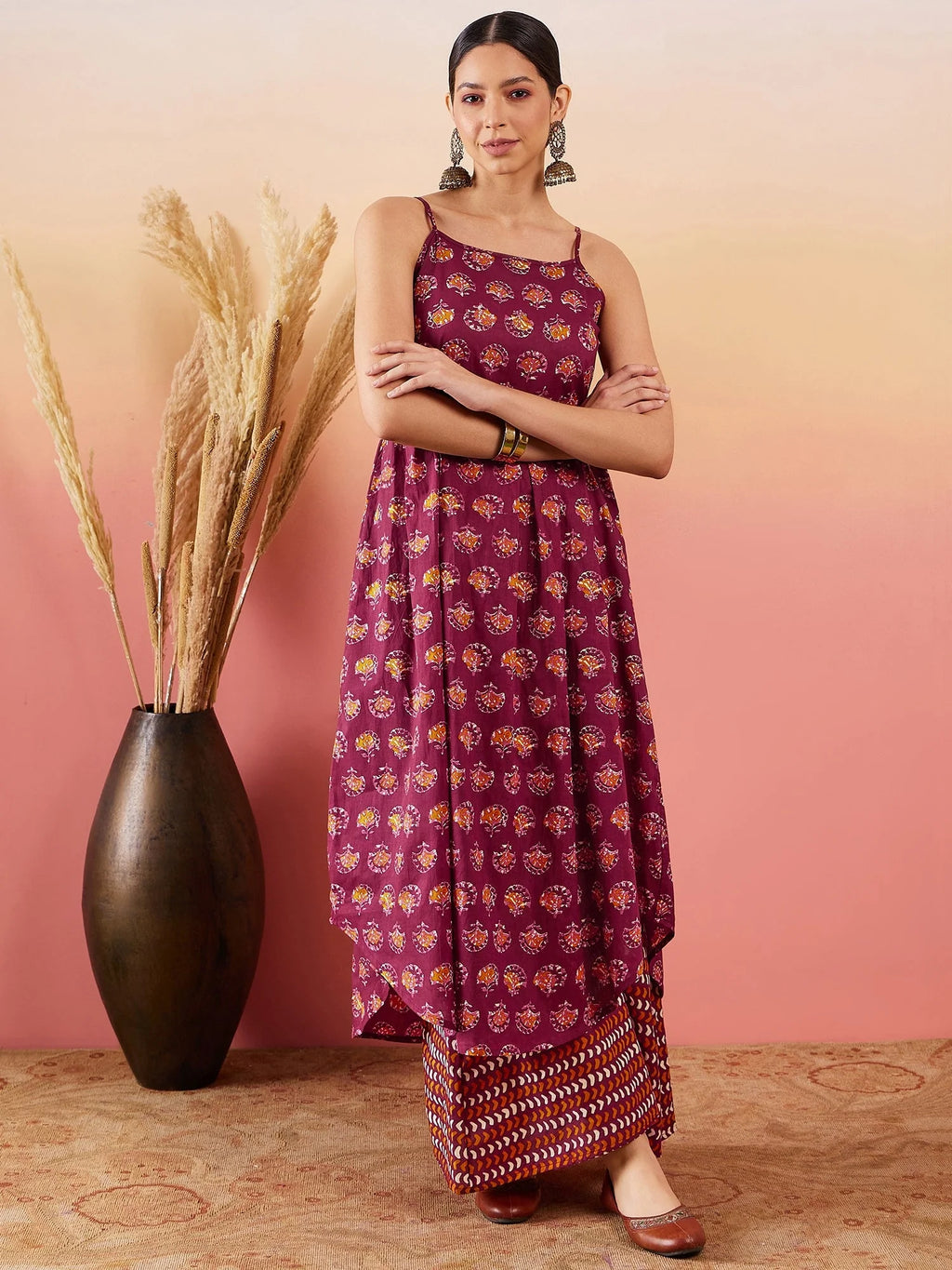 Women's Burgundy Floral Boota Print Strappy Printed Palazzo Set