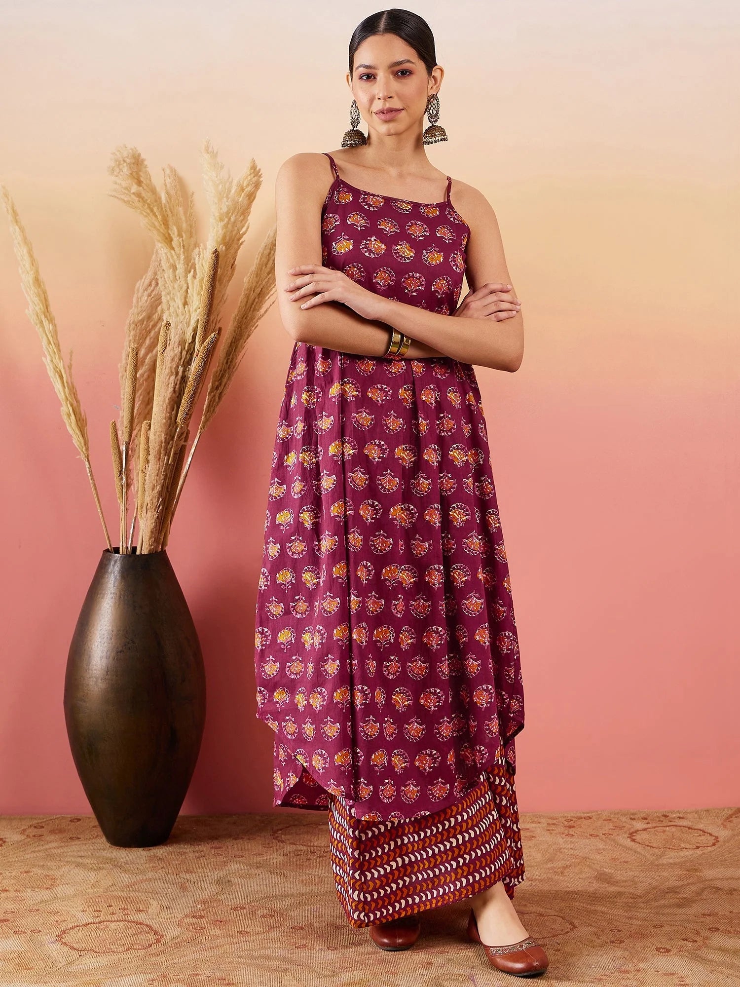 Women's Burgundy Floral Boota Print Strappy Printed Palazzo Set