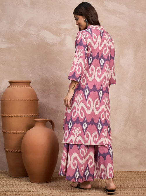 Dull Pink Ikkat Print Mandarin Neck Kurta Set