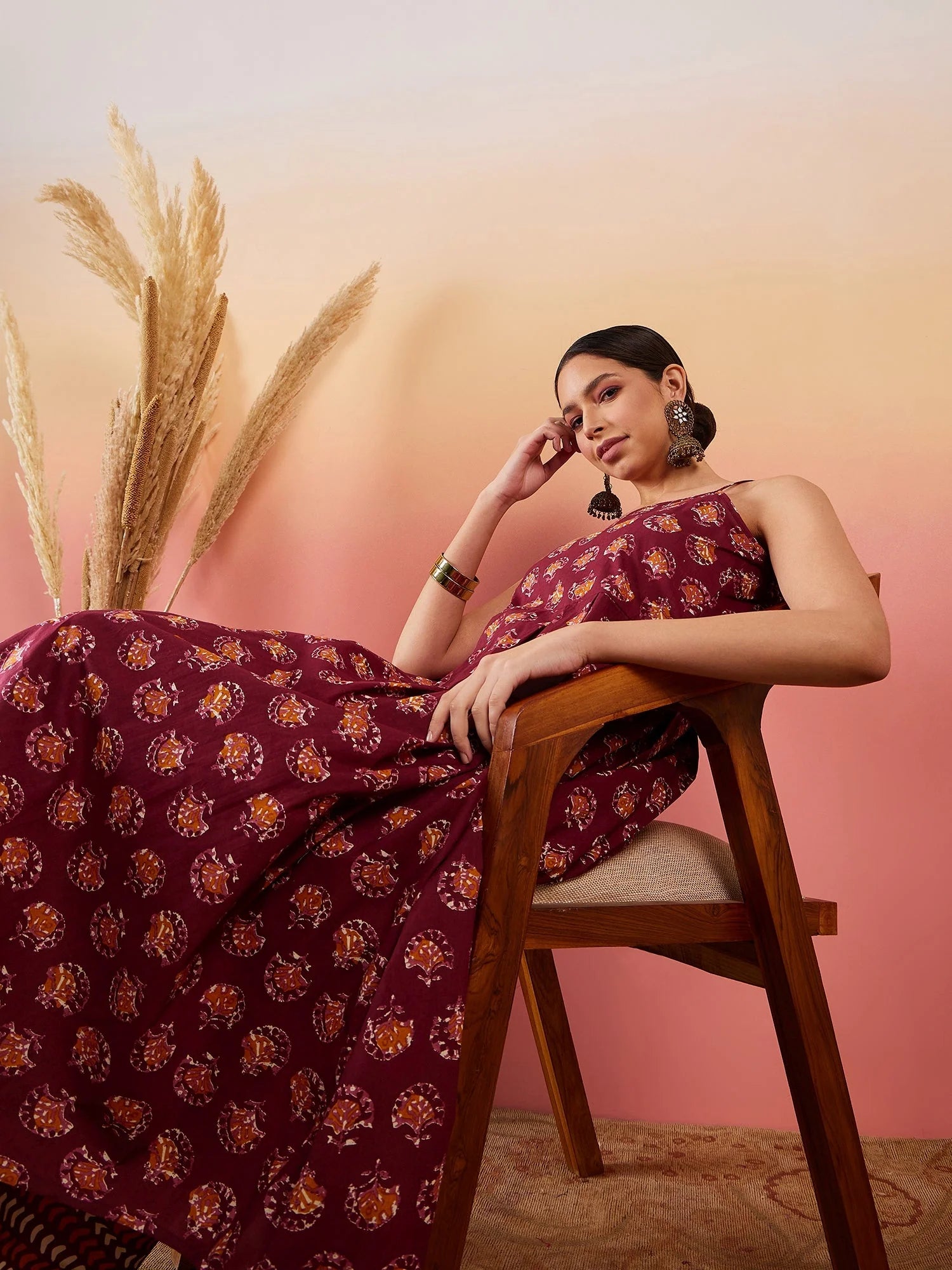 Women's Burgundy Floral Boota Print Strappy Printed Palazzo Set