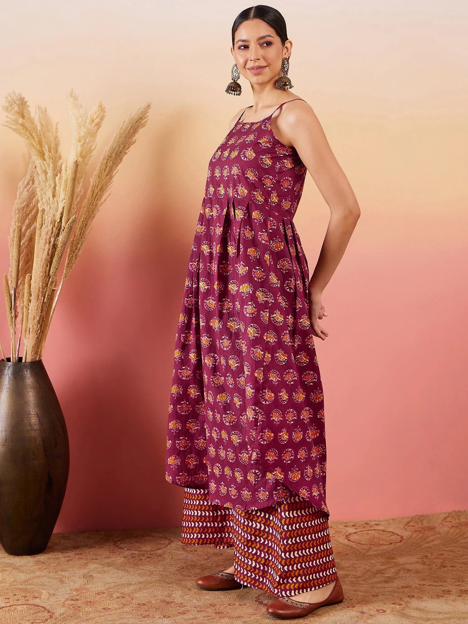 Women's Burgundy Floral Boota Print Strappy Printed Palazzo Set