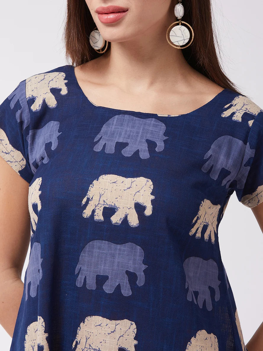 Blue Elephant Motif Midi Dress