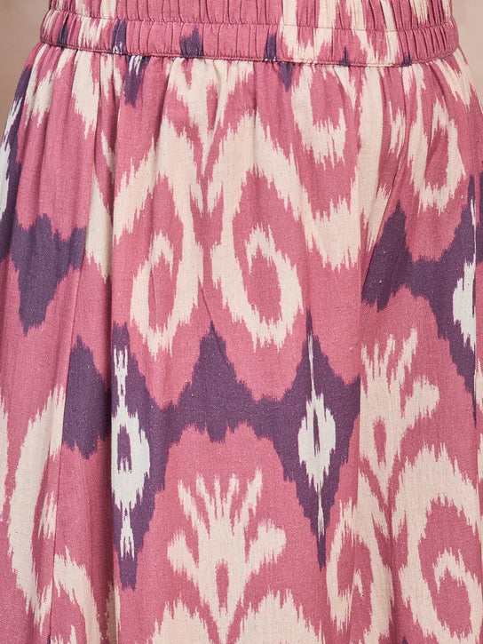 Dull Pink Ikkat Print Mandarin Neck Kurta Set