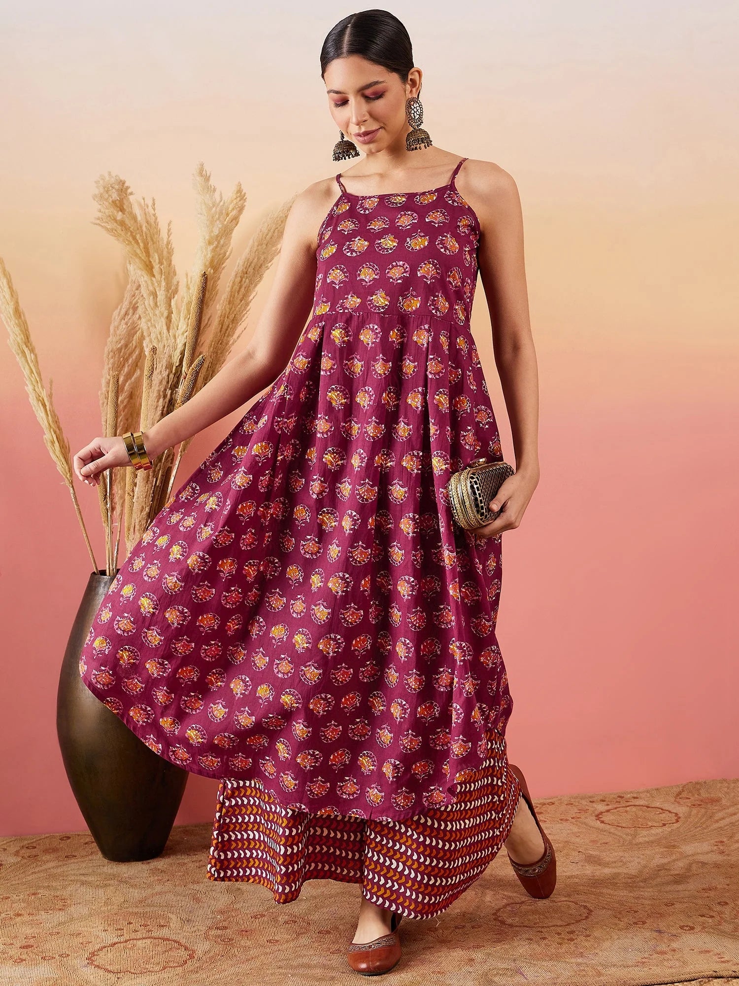 Women's Burgundy Floral Boota Print Strappy Printed Palazzo Set