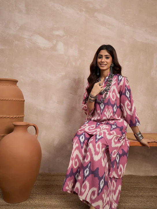 Dull Pink Ikkat Print Mandarin Neck Kurta Set